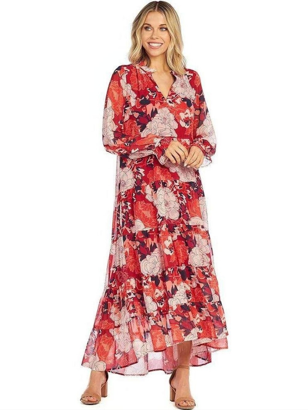 Mudpie Simone Red Floral Maxi Dress Large Boho Colorful Femme Cocktail Formal
